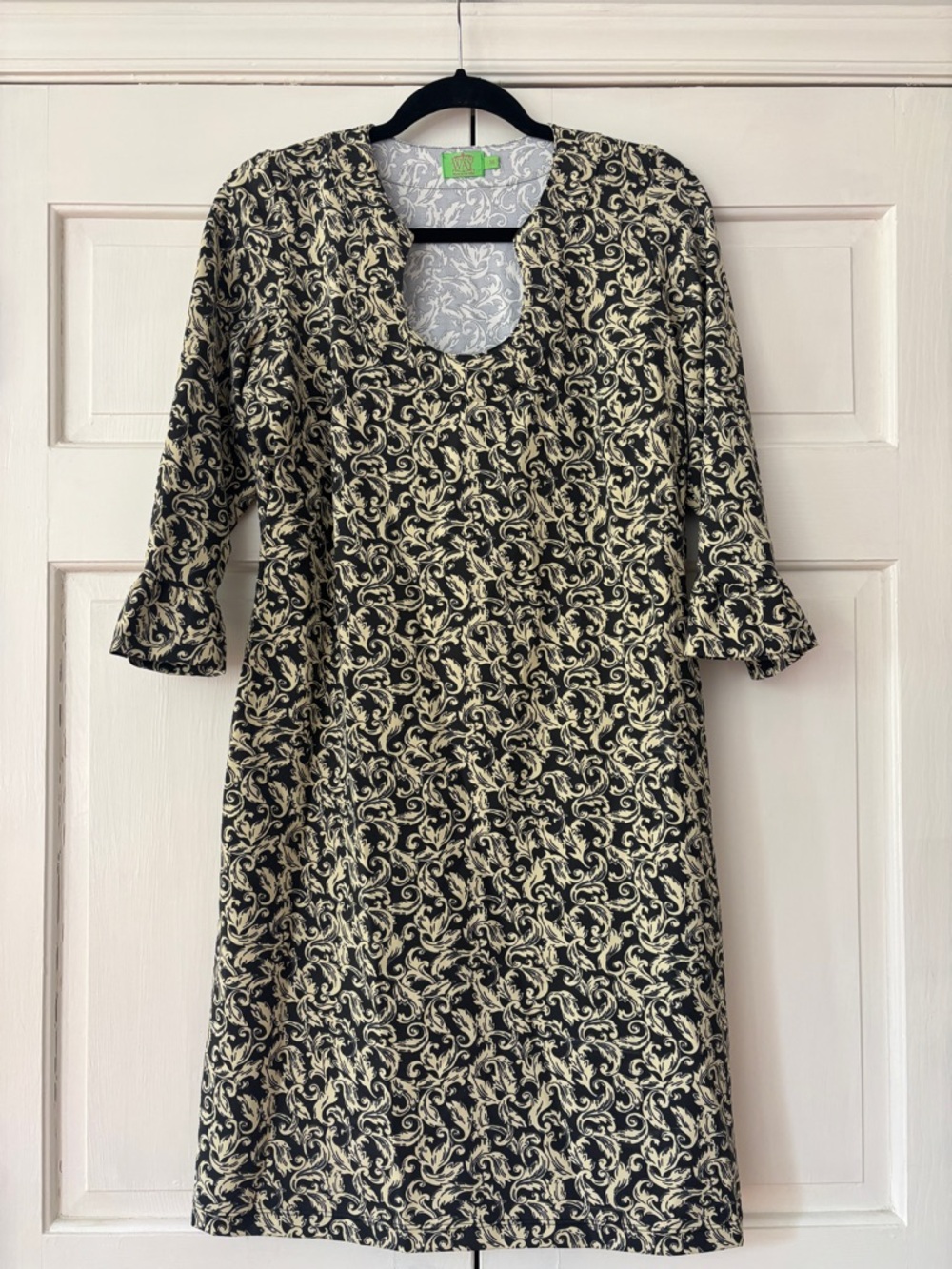 Katherine Way Naples Dress‎ Washed Black Pastel Yellow Leaf Print Size Medium
